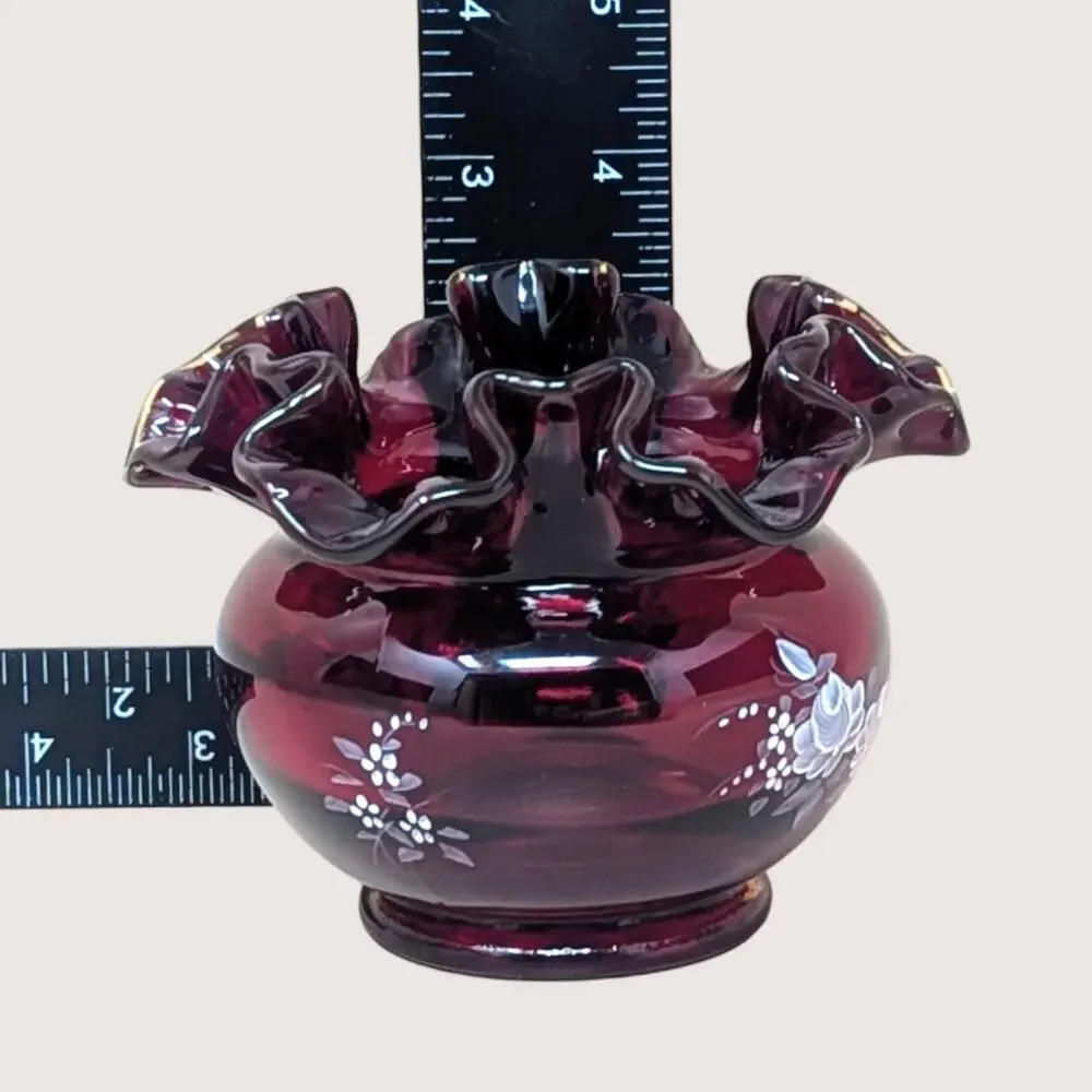 1980s Fenton Ruby Red Glass Hand Painted Ruffled Vase